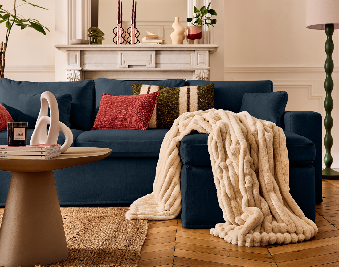 Canapé d'angle déhoussable et modulable 3 places et 1 pouf en velours Calgary