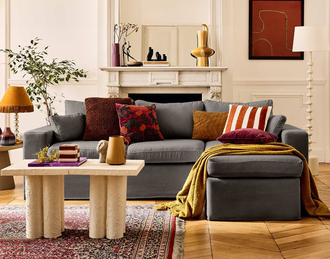 Housses en tissu pour canapé d'angle 3 places et 1 pouf Calgary