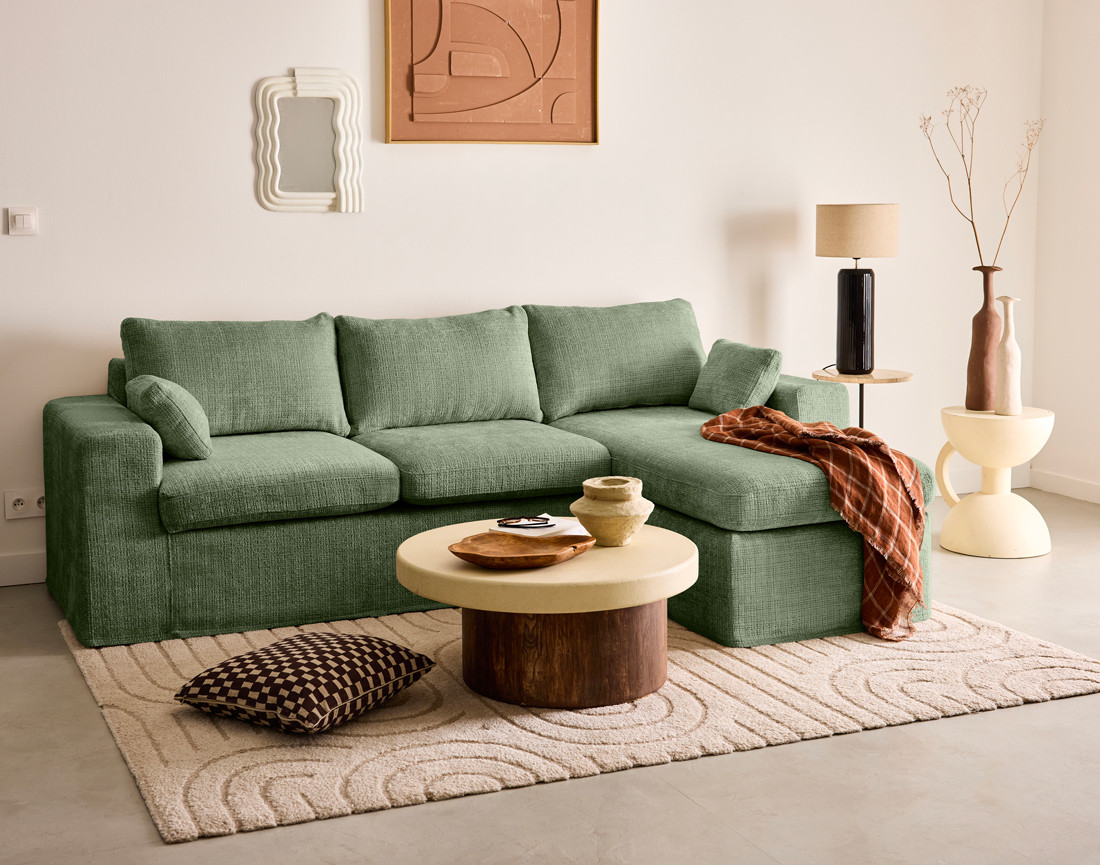 Canapé d'angle déhoussable et modulable 3 places et 1 pouf en velours texturé Calgary