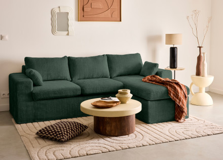 Canapé d'angle déhoussable et modulable 3 places et 1 pouf en velours texturé Calgary