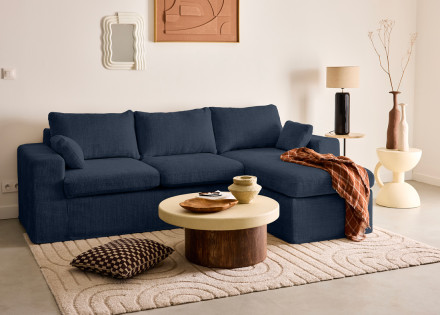 Canapé d'angle déhoussable et modulable 3 places et 1 pouf en velours texturé Calgary