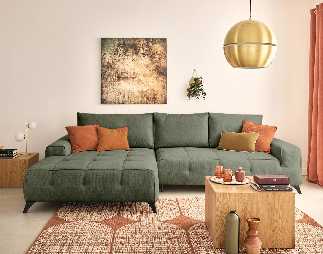 Canapé d'angle gauche 4 places convertible avec coffre en tissu texturé Rimini