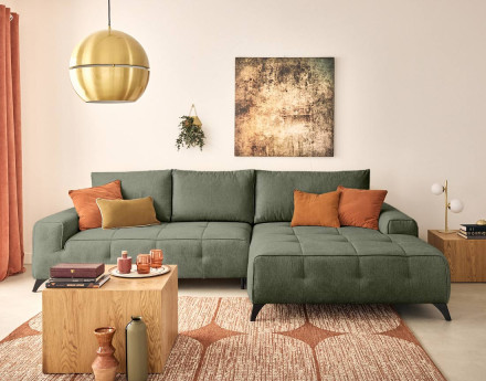 Canapé d'angle droit 4 places convertible avec coffre en tissu texturé Rimini