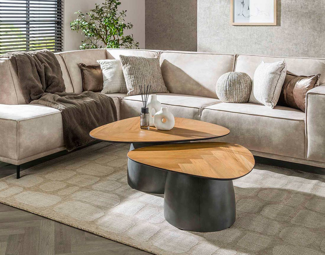 Lot de 2 tables basses bois et métal 90 et 75 cm Hoani
