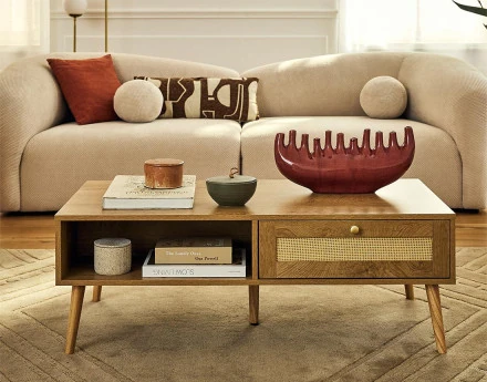 Table basse bois et cannage 1 tiroir et 1 niche 110 cm Goto