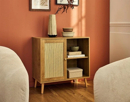 Buffet haut bois et cannage 2 niches et 1 porte 80 cm Goto