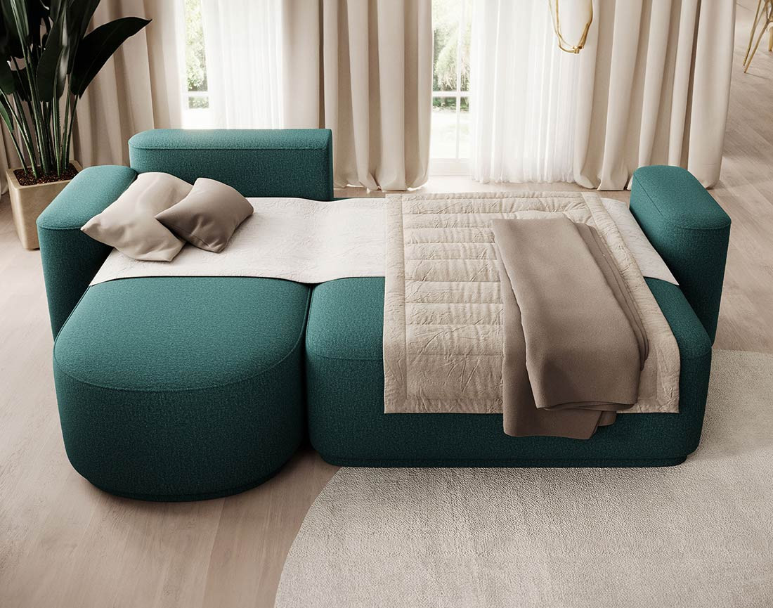 Canapé d'angle gauche 4 places convertible avec coffre en tissu Sam