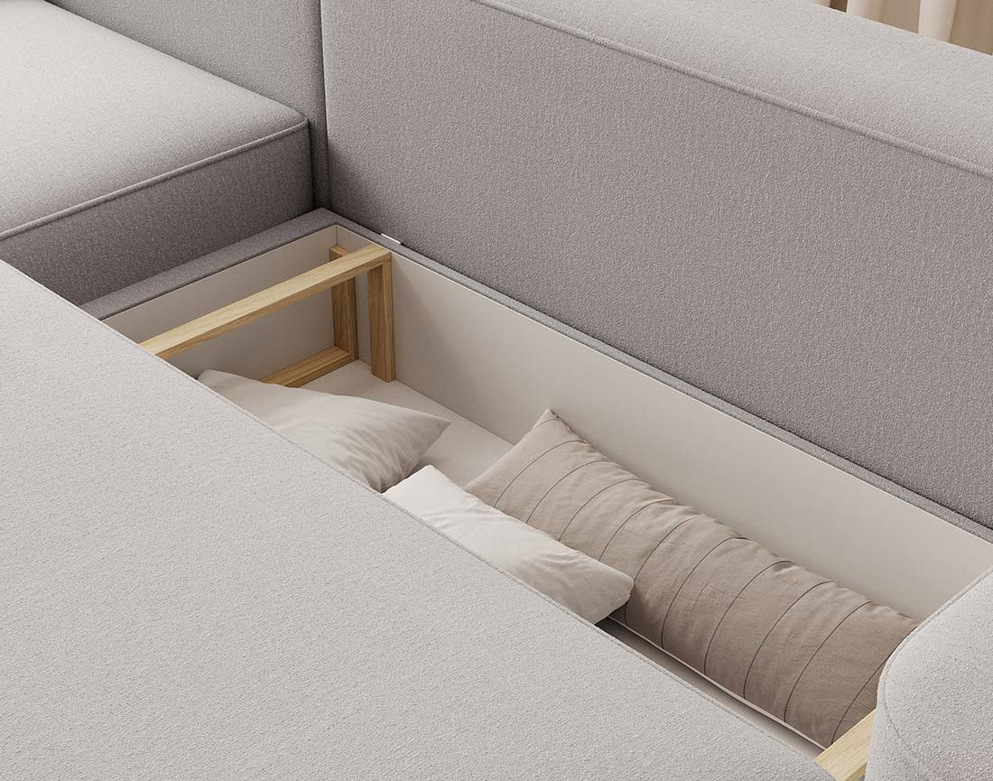 Canapé d'angle gauche 4 places convertible avec coffre en tissu Sam