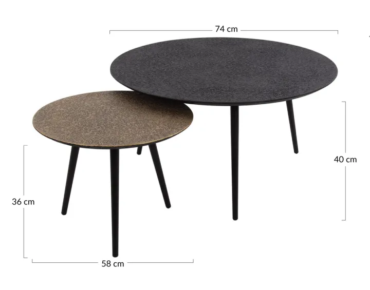 Lot de 2 tables basses doré et noir 74 et 58 cm Kahoni