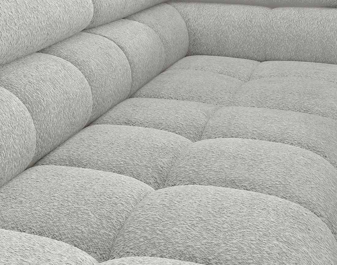 Canapé d'angle droit 5 places convertible avec coffre et têtières réglables en tissu bouclette Elisa Canapé d'angle droit 5 places convertible avec coffre et têtières réglables en tissu bouclette Elisa