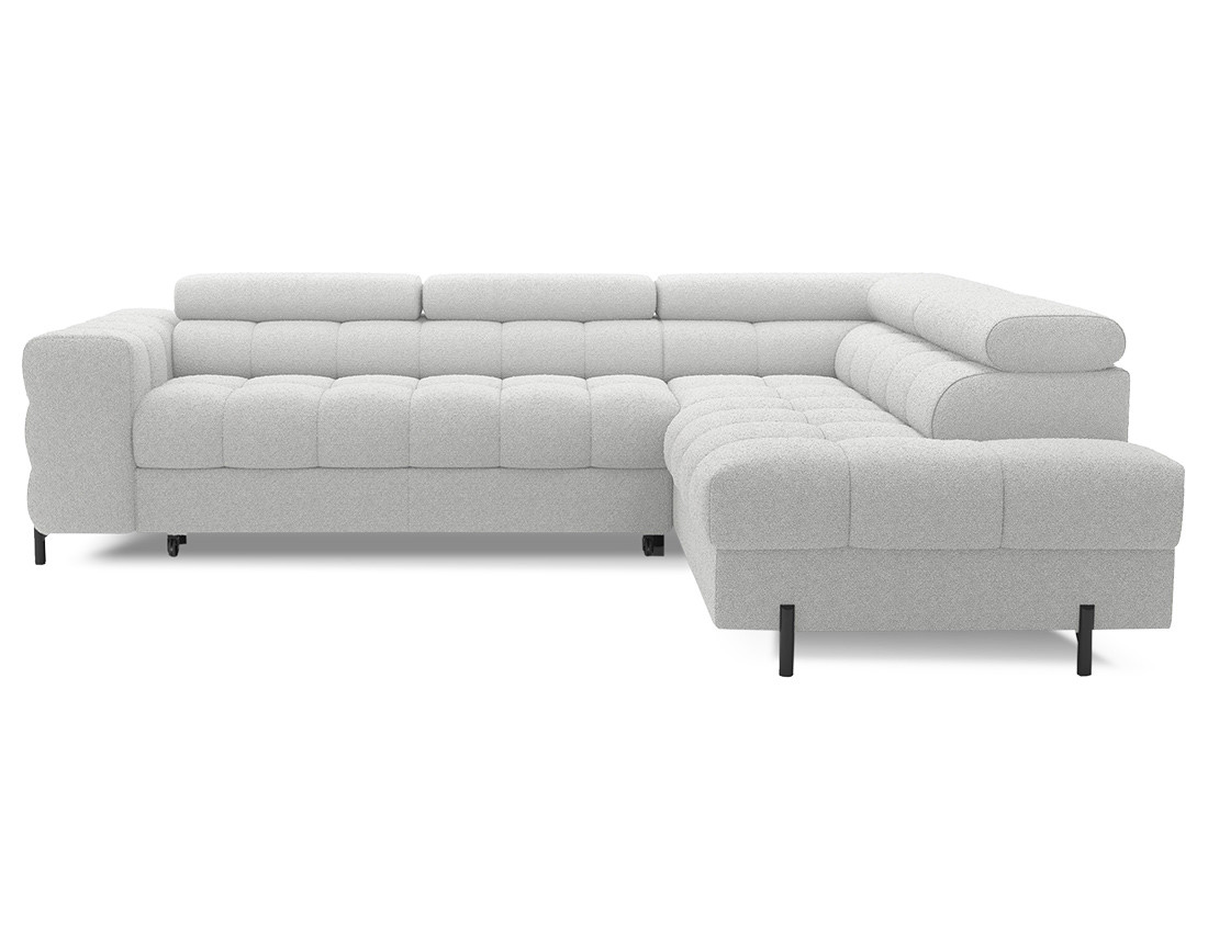 Canapé d'angle droit 5 places convertible avec coffre et têtières réglables en tissu bouclette Elisa Canapé d'angle droit 5 places convertible avec coffre et têtières réglables en tissu bouclette Elisa