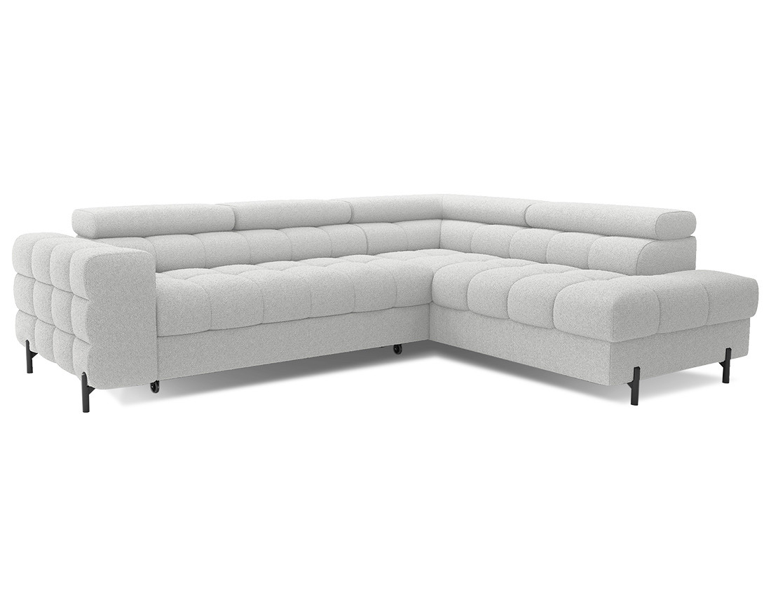 Canapé d'angle droit 5 places convertible avec coffre et têtières réglables en tissu bouclette Elisa Canapé d'angle droit 5 places convertible avec coffre et têtières réglables en tissu bouclette Elisa