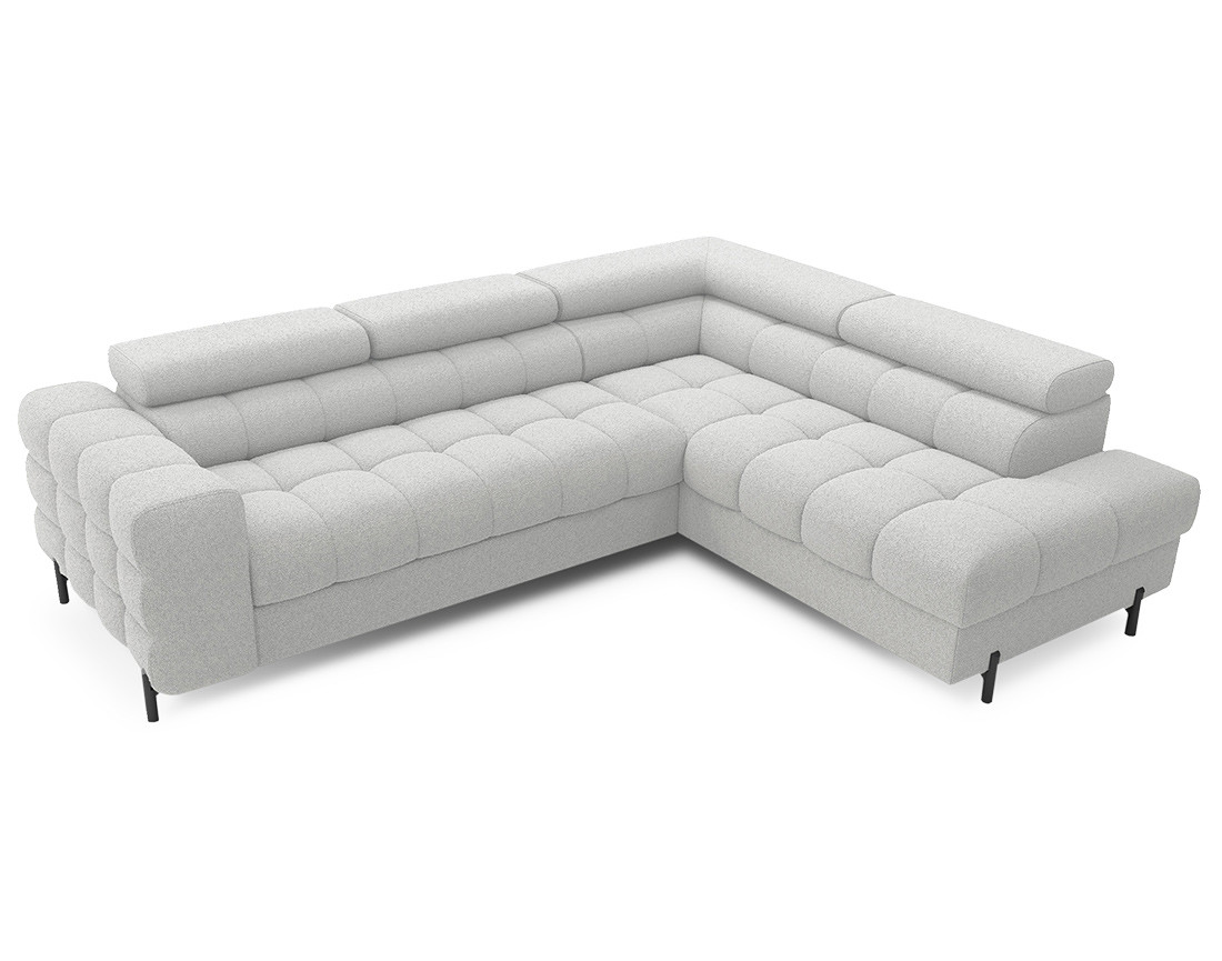 Canapé d'angle droit 5 places convertible avec coffre et têtières réglables en tissu bouclette Elisa Canapé d'angle droit 5 places convertible avec coffre et têtières réglables en tissu bouclette Elisa
