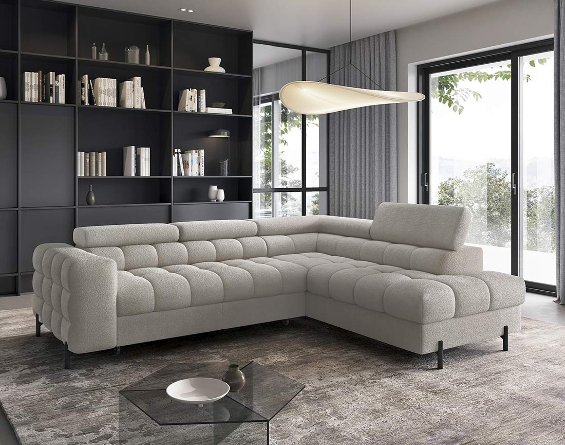 Canapé d'angle droit 5 places convertible avec coffre et têtières réglables en tissu bouclette Elisa