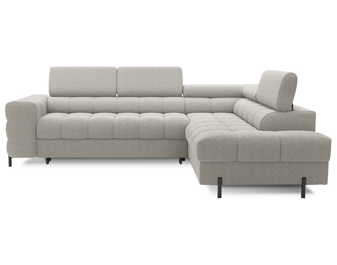 Canapé d'angle droit 5 places convertible avec coffre et têtières réglables en tissu bouclette Elisa