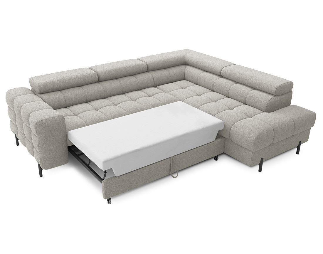 Canapé d'angle droit 5 places convertible avec coffre et têtières réglables en tissu bouclette Elisa
