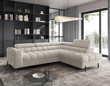 Canapé d'angle droit 5 places convertible avec coffre et têtières réglables en tissu bouclette Elisa