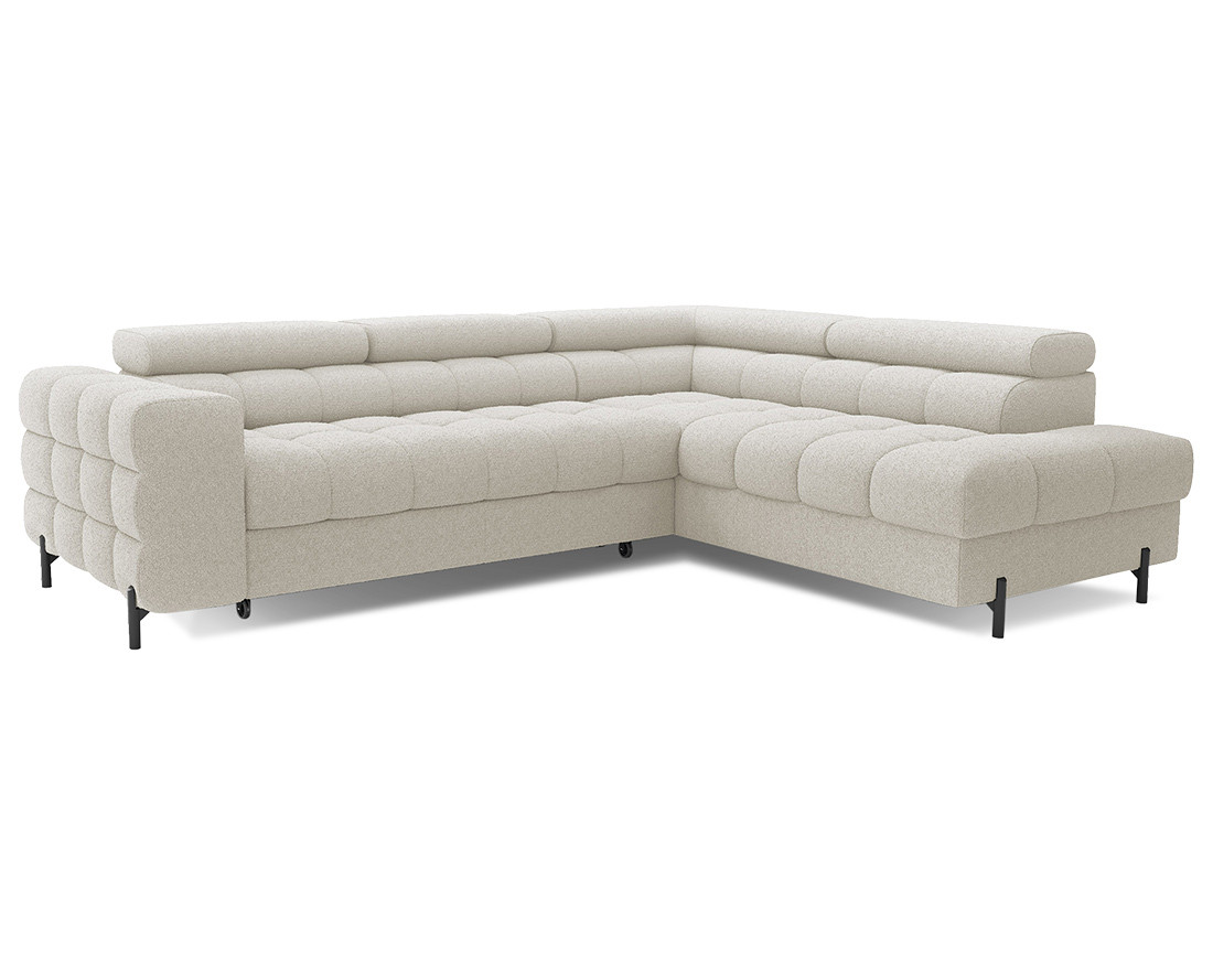 Canapé d'angle droit 5 places convertible avec coffre et têtières réglables en tissu bouclette Elisa