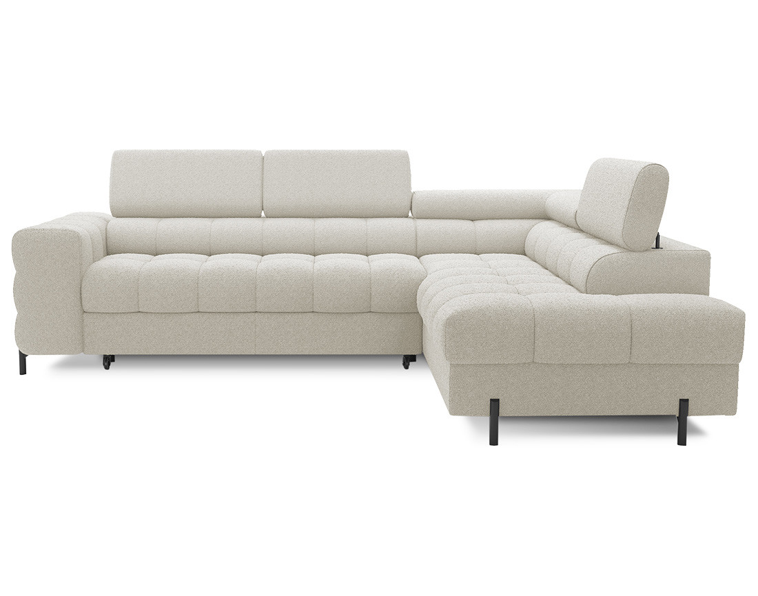 Canapé d'angle droit 5 places convertible avec coffre et têtières réglables en tissu bouclette Elisa