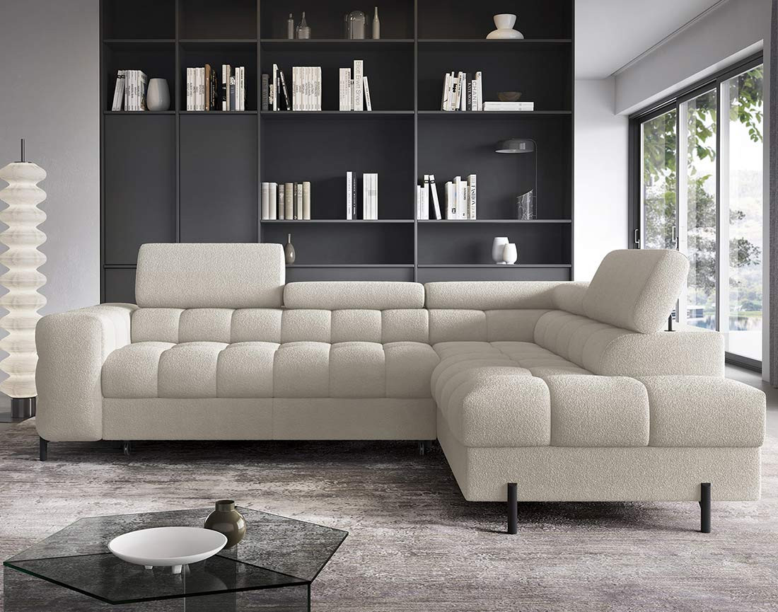 Canapé d'angle droit 5 places convertible avec coffre et têtières réglables en tissu bouclette Elisa
