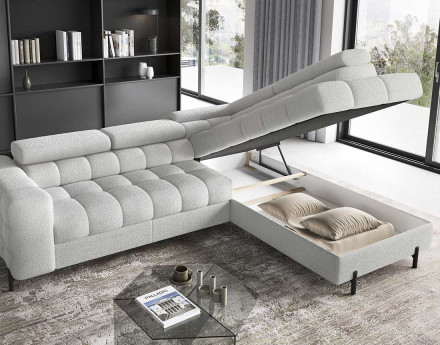 Canapé d'angle droit 5 places convertible avec coffre et têtières réglables en tissu bouclette Elisa