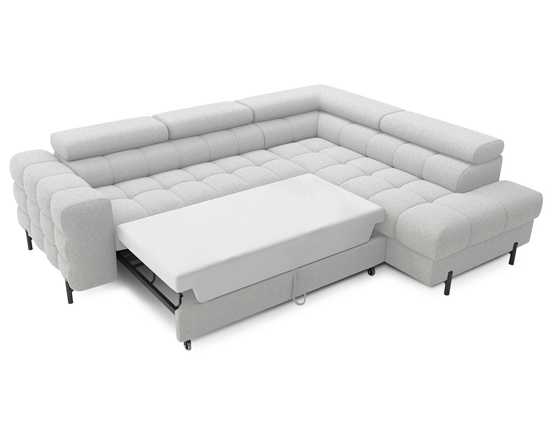 Canapé d'angle droit 5 places convertible avec coffre et têtières réglables en tissu bouclette Elisa Canapé d'angle droit 5 places convertible avec coffre et têtières réglables en tissu bouclette Elisa