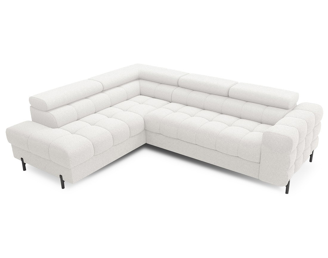Canapé d'angle gauche 5 places convertible avec coffre et têtières réglables en tissu bouclette Elisa Canapé d'angle gauche 5 places convertible avec coffre et têtières réglables en tissu bouclette Elisa