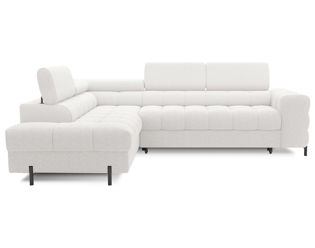Canapé d'angle gauche 5 places convertible avec coffre et têtières réglables en tissu bouclette Elisa Canapé d'angle gauche 5 places convertible avec coffre et têtières réglables en tissu bouclette Elisa