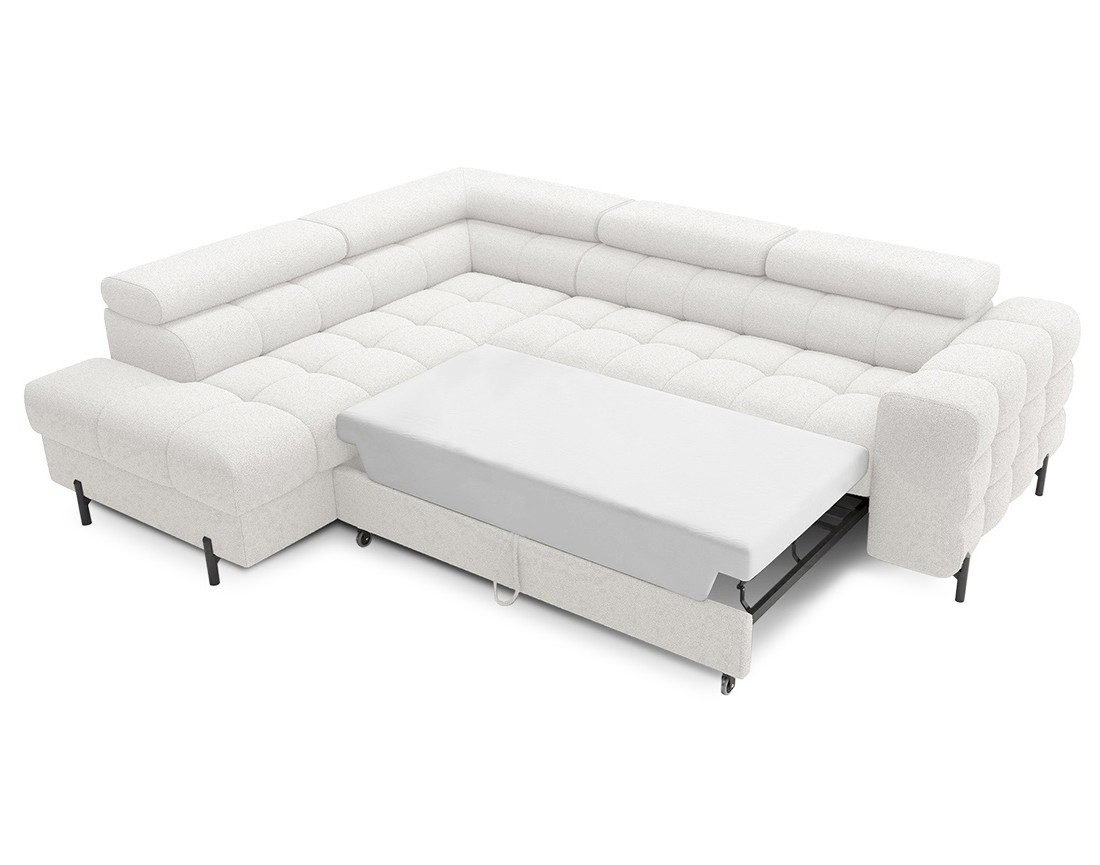 Canapé d'angle gauche 5 places convertible avec coffre et têtières réglables en tissu bouclette Elisa Canapé d'angle gauche 5 places convertible avec coffre et têtières réglables en tissu bouclette Elisa
