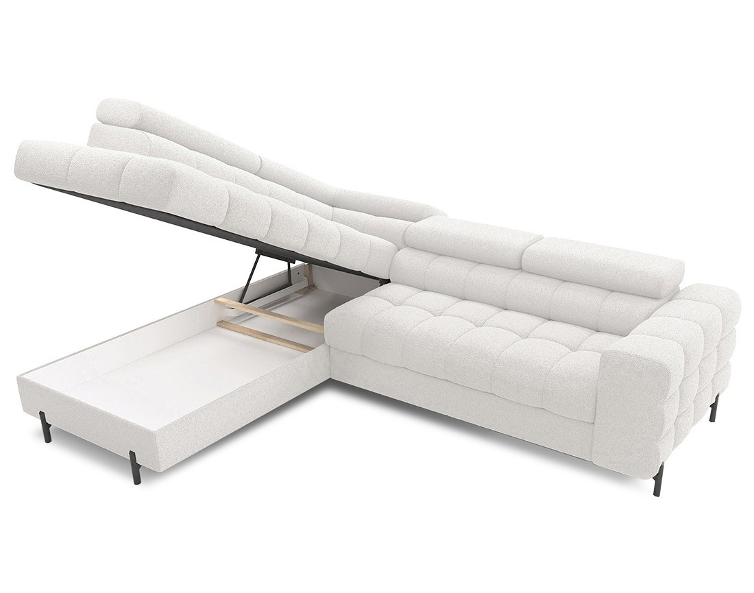 Canapé d'angle gauche 5 places convertible avec coffre et têtières réglables en tissu bouclette Elisa Canapé d'angle gauche 5 places convertible avec coffre et têtières réglables en tissu bouclette Elisa