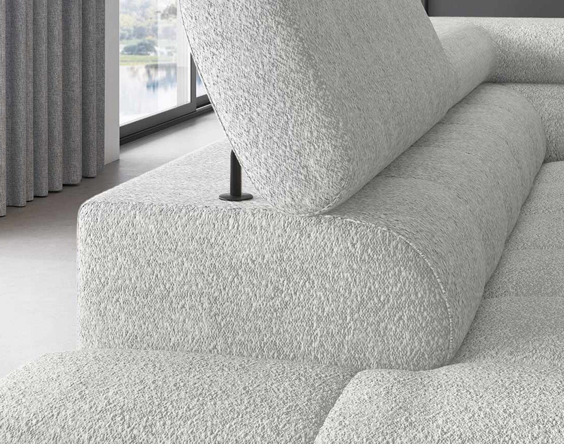 Canapé d'angle gauche 5 places convertible avec coffre et têtières réglables en tissu bouclette Elisa Canapé d'angle gauche 5 places convertible avec coffre et têtières réglables en tissu bouclette Elisa