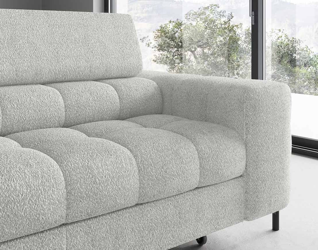 Canapé d'angle gauche 5 places convertible avec coffre et têtières réglables en tissu bouclette Elisa Canapé d'angle gauche 5 places convertible avec coffre et têtières réglables en tissu bouclette Elisa