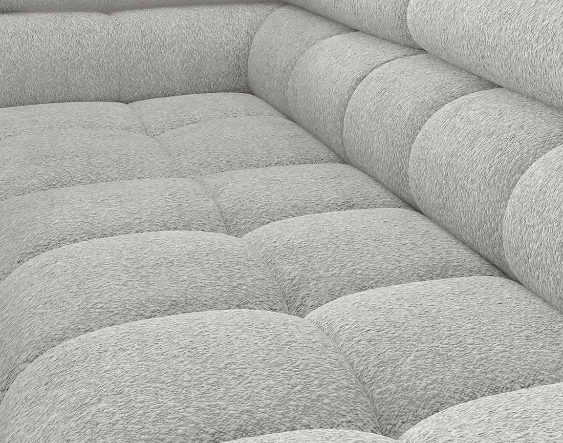 Canapé d'angle gauche 5 places convertible avec coffre et têtières réglables en tissu bouclette Elisa Canapé d'angle gauche 5 places convertible avec coffre et têtières réglables en tissu bouclette Elisa