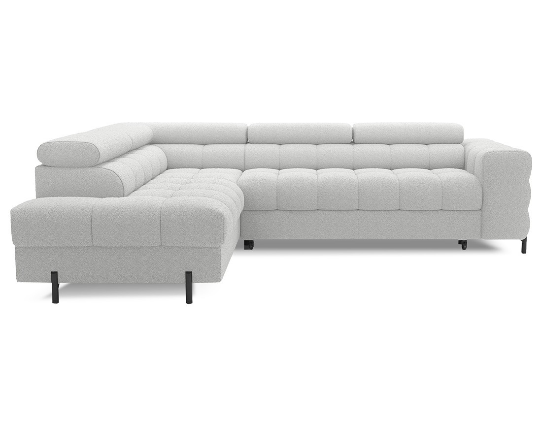 Canapé d'angle gauche 5 places convertible avec coffre et têtières réglables en tissu bouclette Elisa Canapé d'angle gauche 5 places convertible avec coffre et têtières réglables en tissu bouclette Elisa