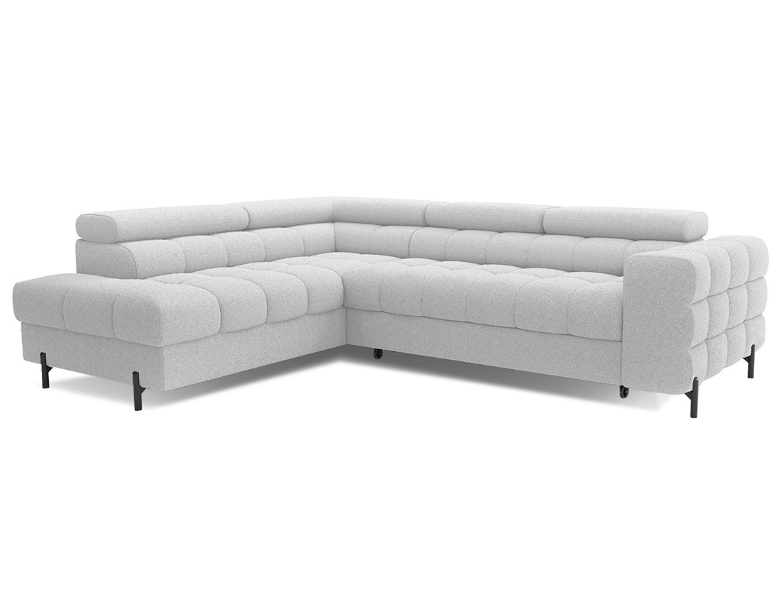 Canapé d'angle gauche 5 places convertible avec coffre et têtières réglables en tissu bouclette Elisa Canapé d'angle gauche 5 places convertible avec coffre et têtières réglables en tissu bouclette Elisa