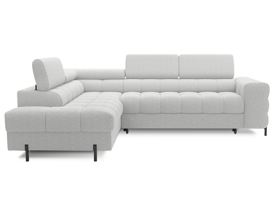 Canapé d'angle gauche 5 places convertible avec coffre et têtières réglables en tissu bouclette Elisa Canapé d'angle gauche 5 places convertible avec coffre et têtières réglables en tissu bouclette Elisa