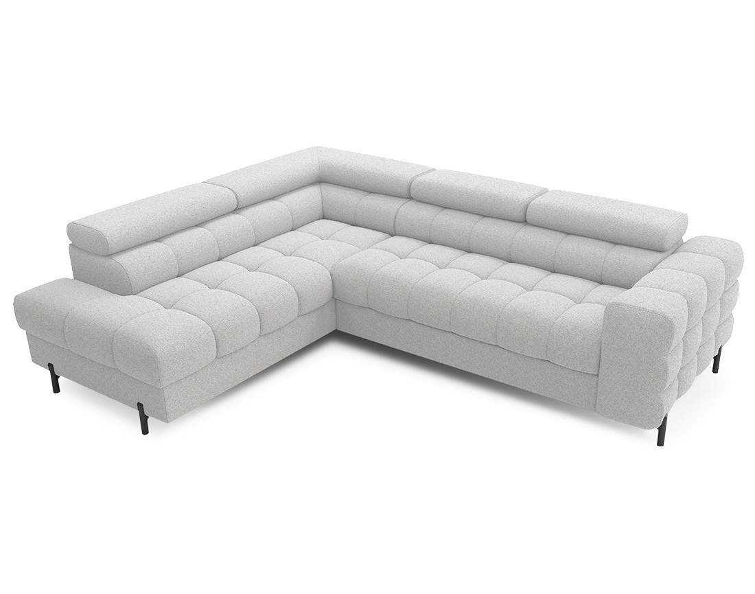 Canapé d'angle gauche 5 places convertible avec coffre et têtières réglables en tissu bouclette Elisa Canapé d'angle gauche 5 places convertible avec coffre et têtières réglables en tissu bouclette Elisa