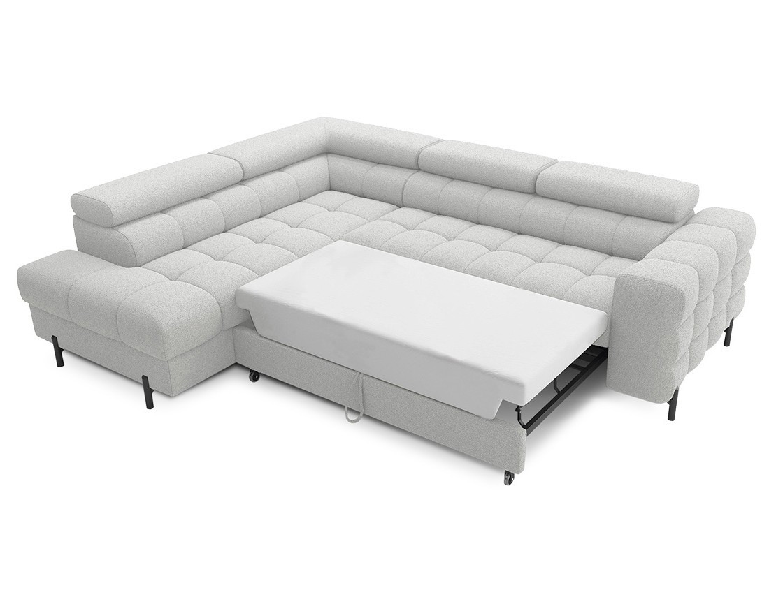 Canapé d'angle gauche 5 places convertible avec coffre et têtières réglables en tissu bouclette Elisa Canapé d'angle gauche 5 places convertible avec coffre et têtières réglables en tissu bouclette Elisa