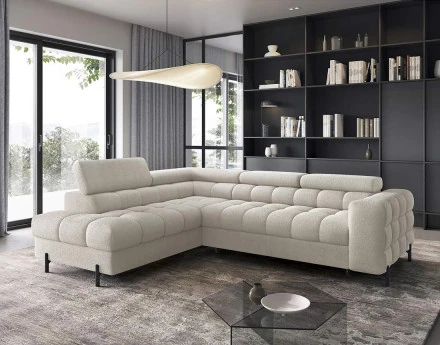 Canapé d'angle gauche 5 places convertible avec coffre et têtières réglables en tissu bouclette Elisa