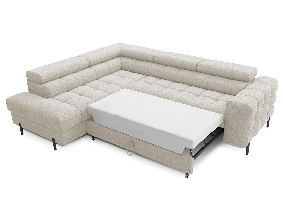 Canapé d'angle gauche 5 places convertible avec coffre et têtières réglables en tissu bouclette Elisa