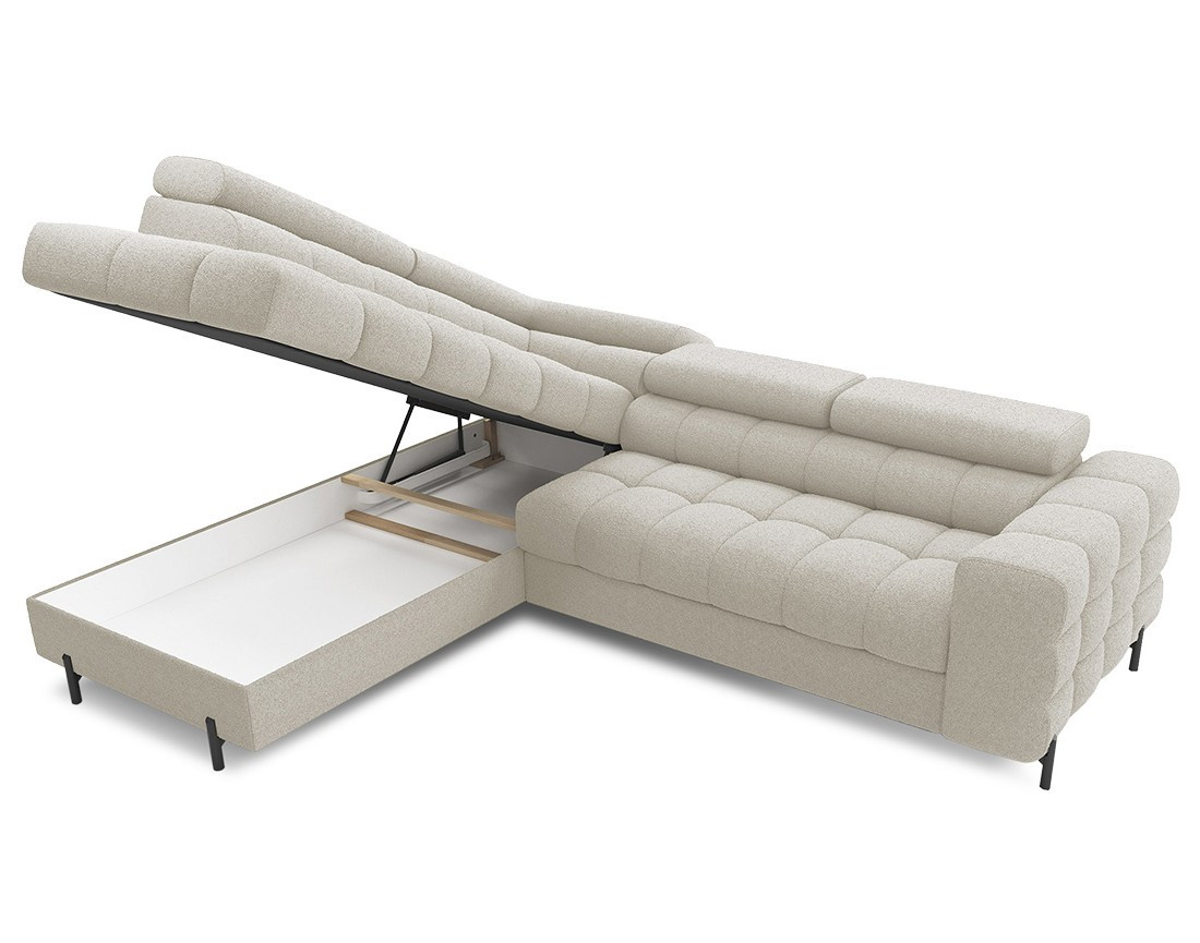 Canapé d'angle gauche 5 places convertible avec coffre et têtières réglables en tissu bouclette Elisa
