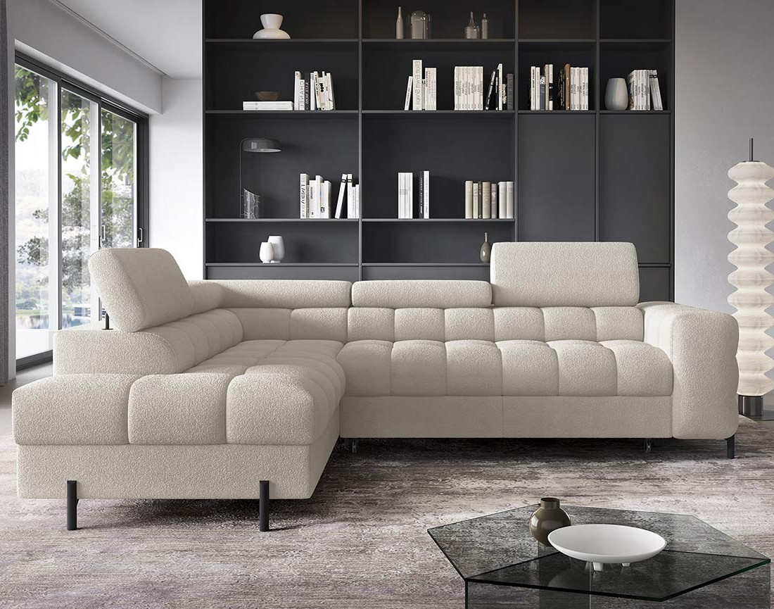 Canapé d'angle gauche 5 places convertible avec coffre et têtières réglables en tissu bouclette Elisa
