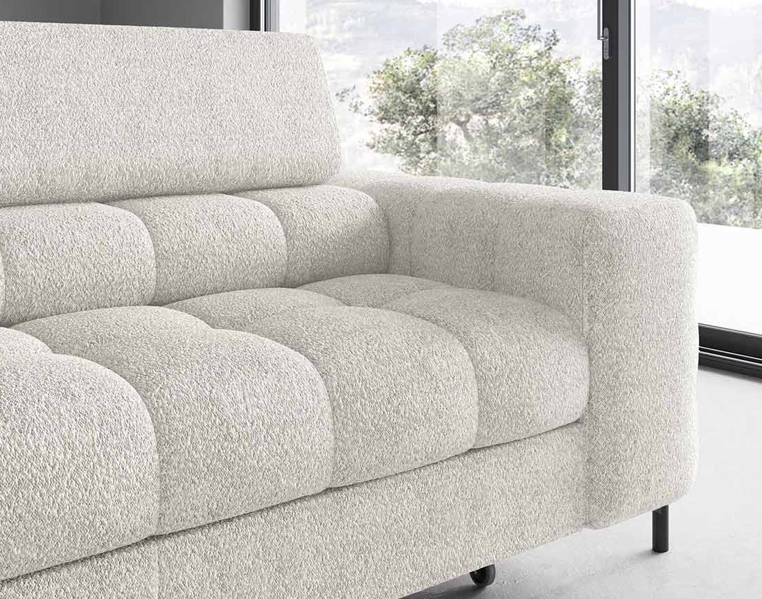 Canapé d'angle gauche 5 places convertible avec coffre et têtières réglables en tissu bouclette Elisa Canapé d'angle gauche 5 places convertible avec coffre et têtières réglables en tissu bouclette Elisa