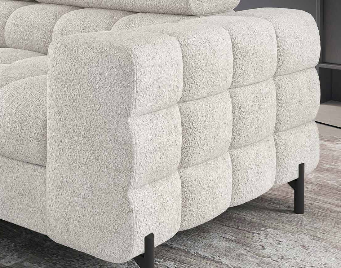 Canapé d'angle gauche 5 places convertible avec coffre et têtières réglables en tissu bouclette Elisa Canapé d'angle gauche 5 places convertible avec coffre et têtières réglables en tissu bouclette Elisa