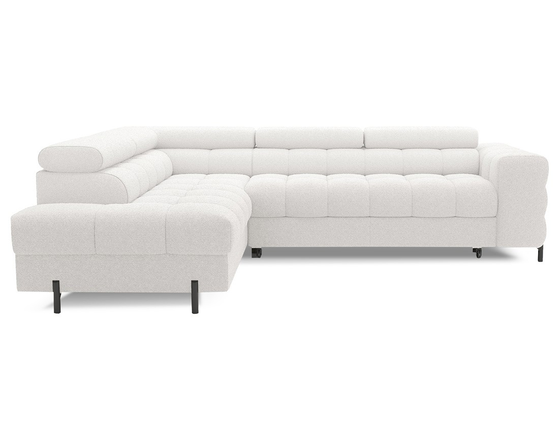 Canapé d'angle gauche 5 places convertible avec coffre et têtières réglables en tissu bouclette Elisa Canapé d'angle gauche 5 places convertible avec coffre et têtières réglables en tissu bouclette Elisa