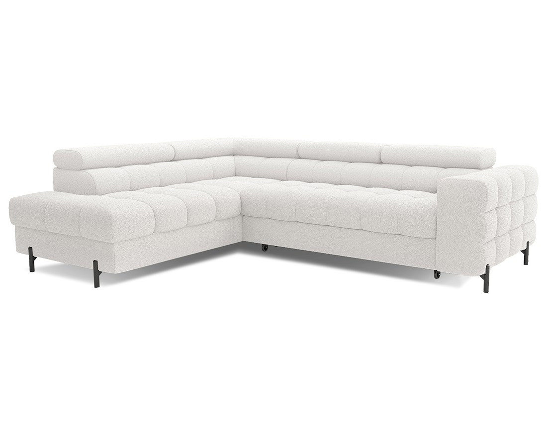 Canapé d'angle gauche 5 places convertible avec coffre et têtières réglables en tissu bouclette Elisa Canapé d'angle gauche 5 places convertible avec coffre et têtières réglables en tissu bouclette Elisa