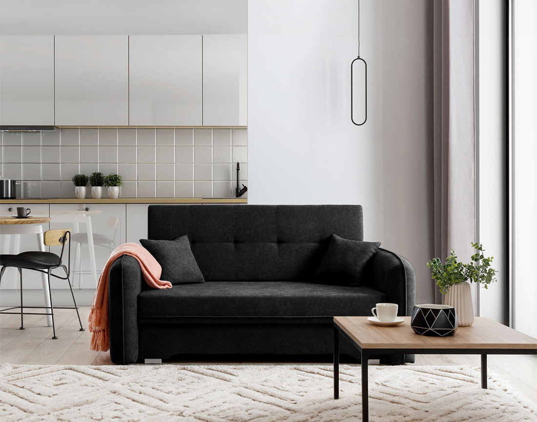 Canapé droit 3 places convertible avec coffre en velours Michelle Canapé droit 3 places convertible avec coffre en velours Michelle