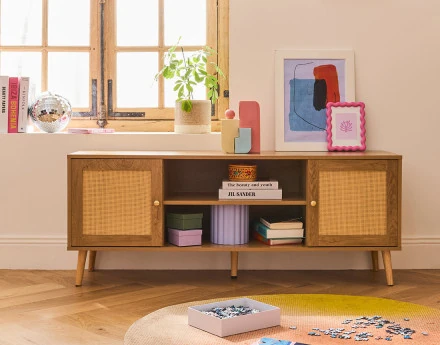 Meuble TV bois et cannage 2 portes et 2 niches 140 cm Goto