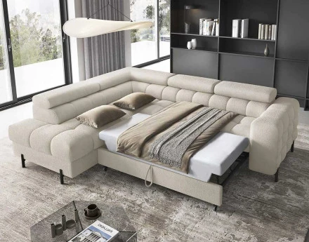 Canapé d'angle gauche 5 places convertible avec coffre et têtières réglables en tissu bouclette Elisa
