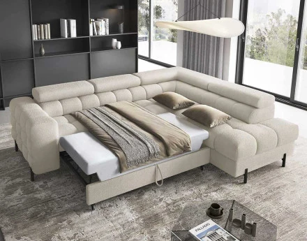 Canapé d'angle droit 5 places convertible avec coffre et têtières réglables en tissu bouclette Elisa